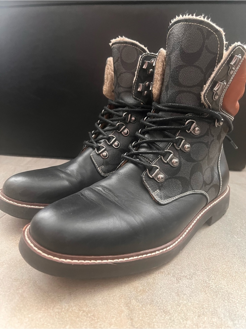 Coach Black Signature Leather and Brown Shearling-Trim Lace-Up Boots - Picture 2 of 3